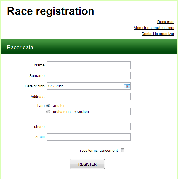 registrační formulář